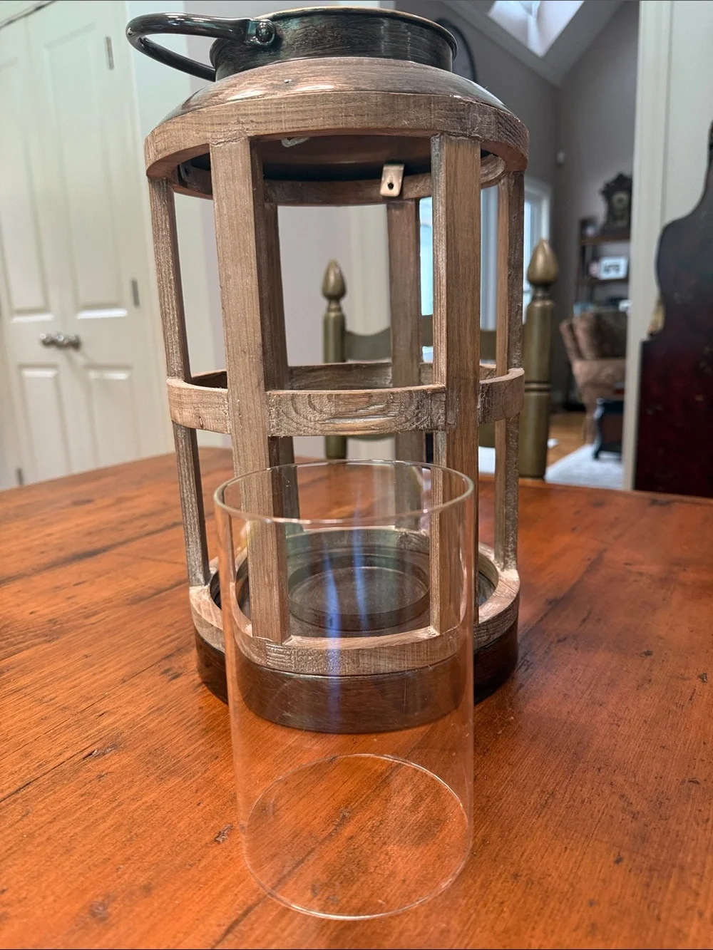 Kirklands Round Metal & Wood Glass Globe Farmhouse Candle Lantern